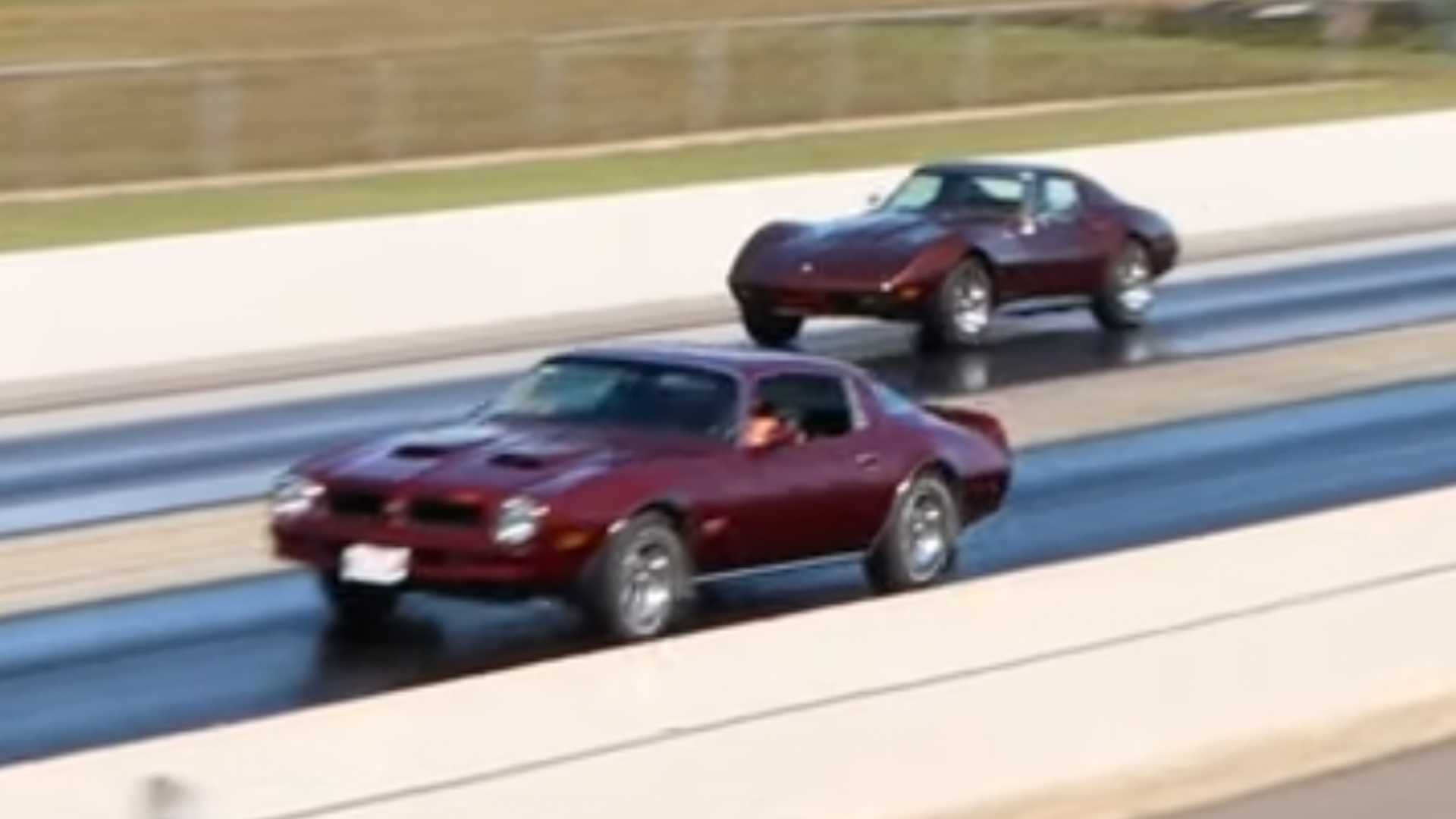 '74 Corvette Drag Races '76 Pontiac Firebird In A Slow V8 Showdown 1 '74 Corvette Drag Races '76 Pontiac Firebird In A Slow V8 Showdown