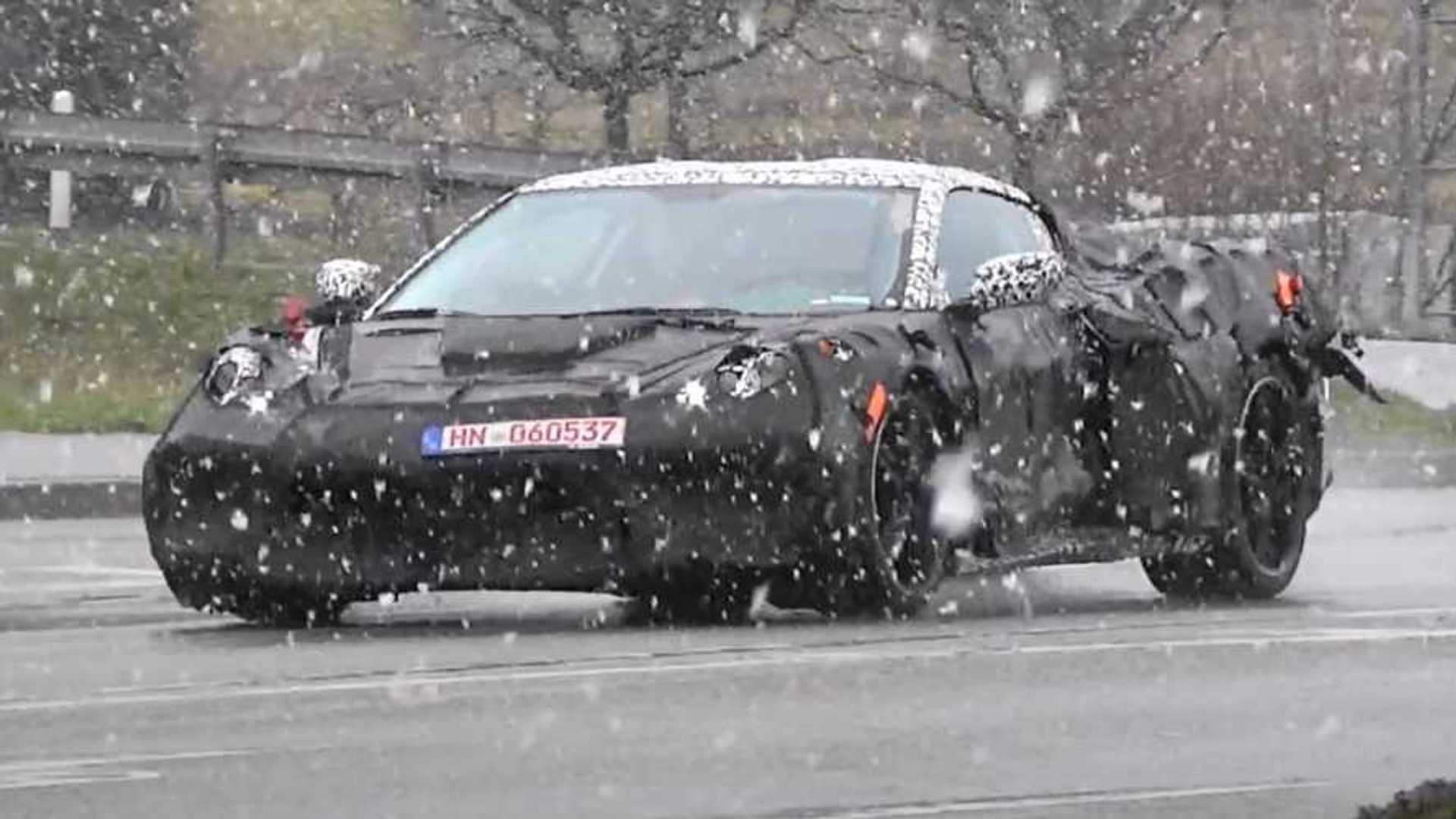 Heavily Disguised Chevy Corvette C8 Spied In Snowy Germany 1 Heavily Disguised Chevy Corvette C8 Spied In Snowy Germany