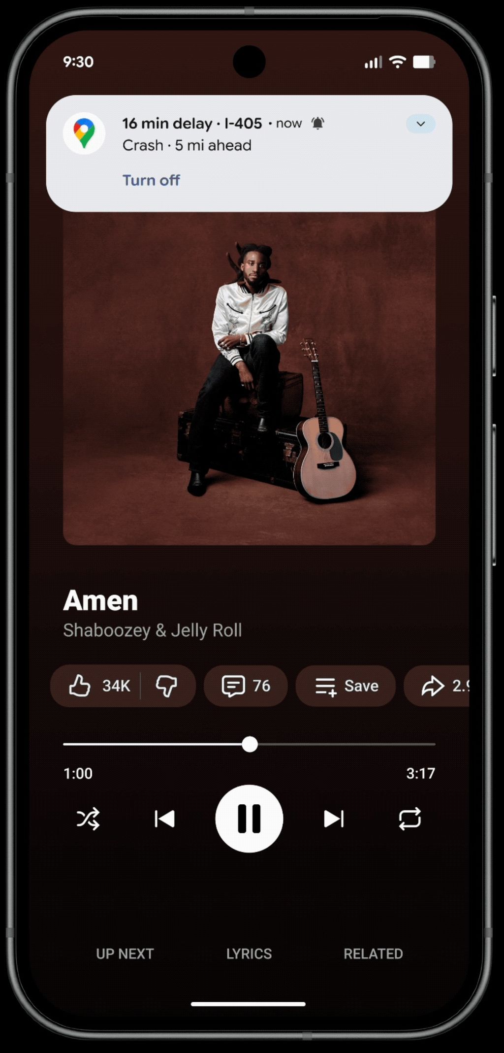 A mockup shows Google's proactive traffic alerts, with a notification alerting the user to traffic along their route.