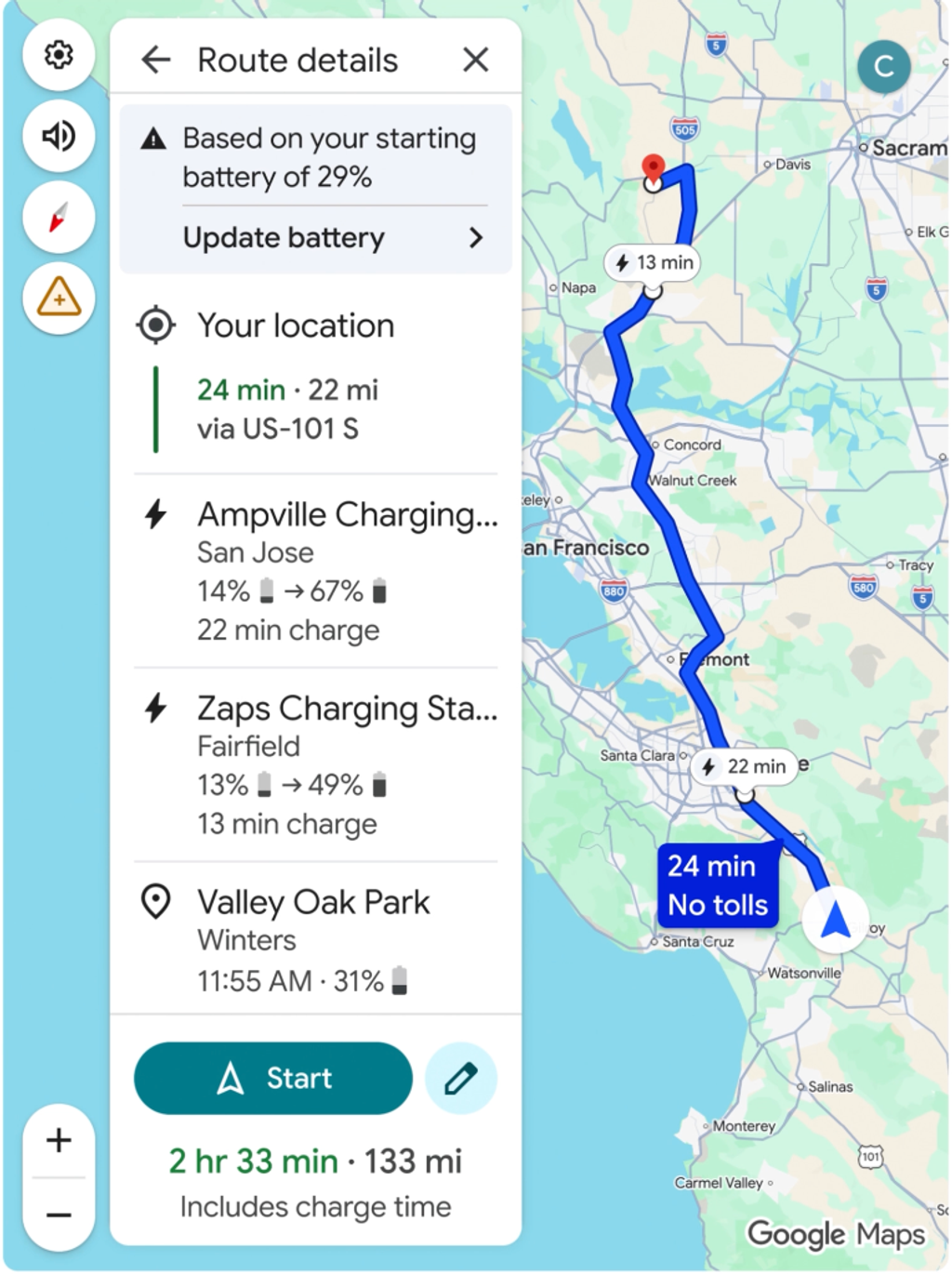 a screenshot shows the new native route planning feature in Google Maps on cars with Android auto