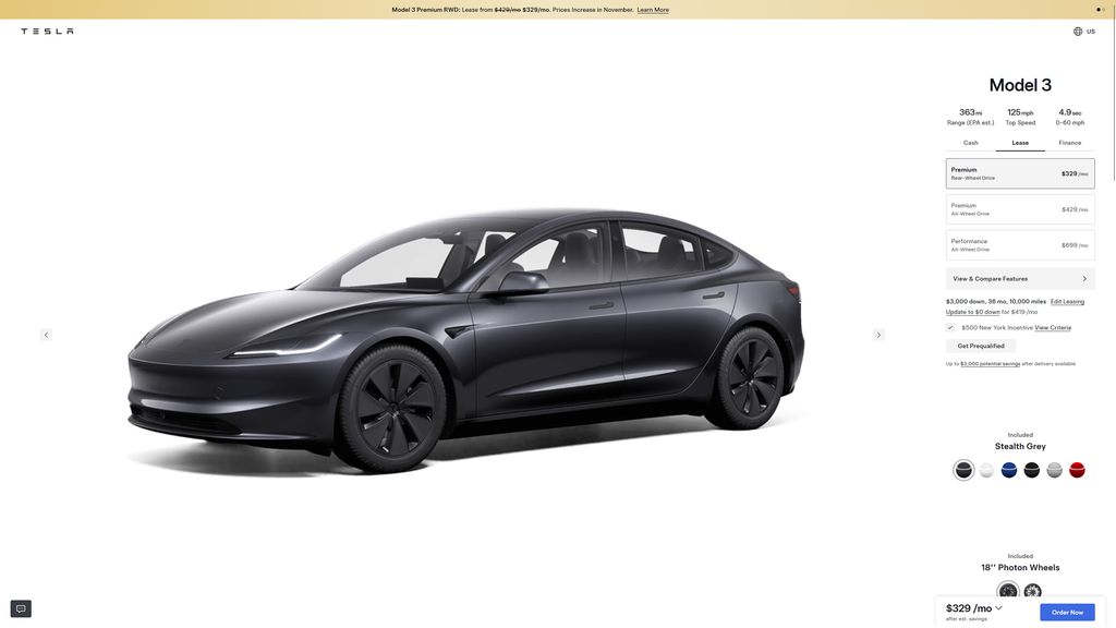 A banner on Tesla's website warns wannabe customers that lease prices will increase in November.