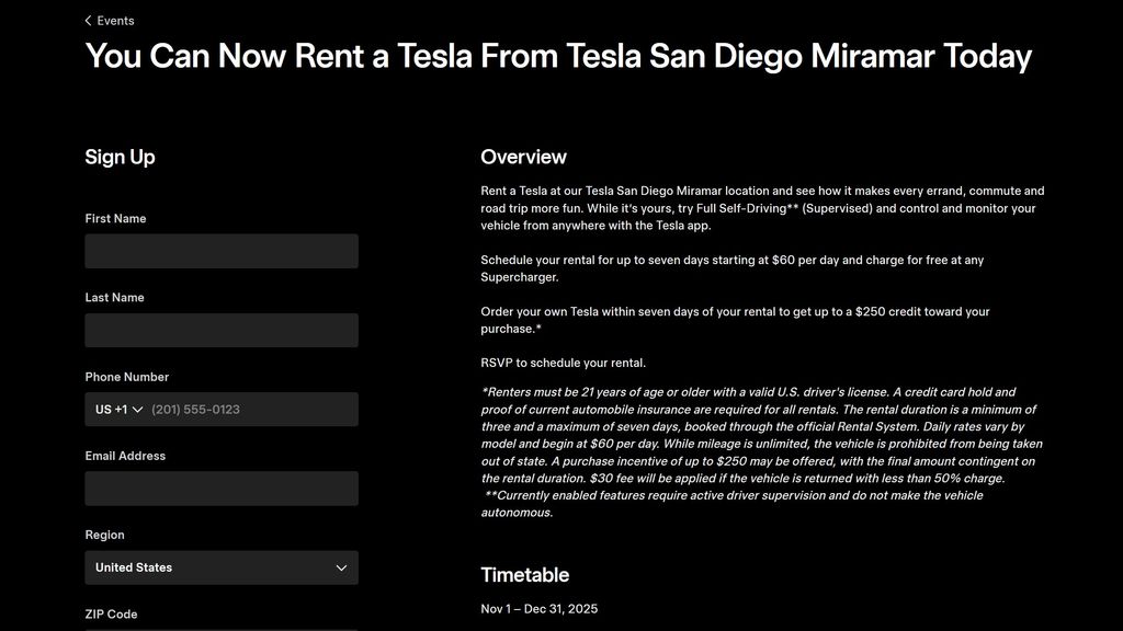 A screenshot of Tesla's website detailing the rental policy.