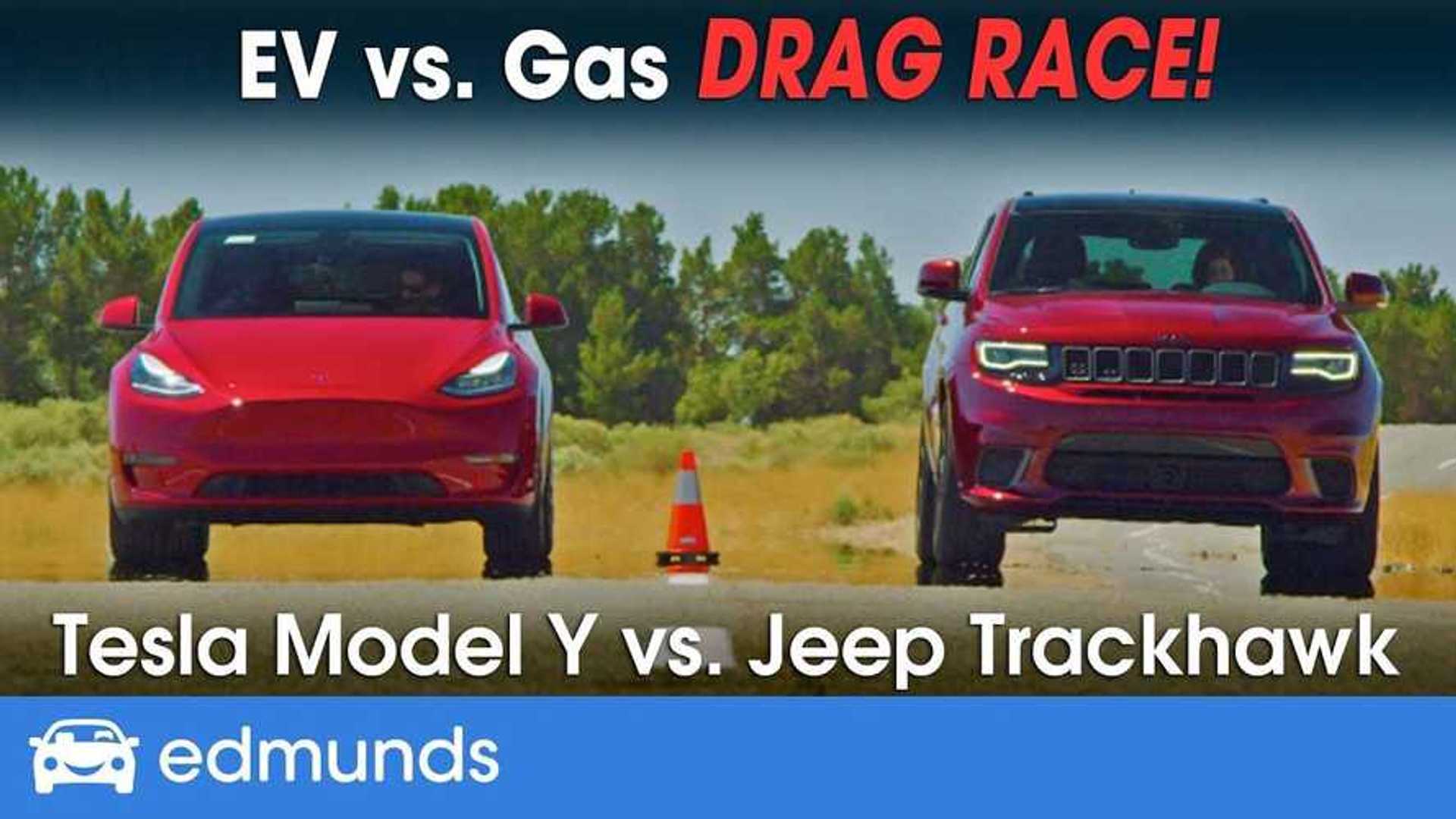 Watch Tesla Model Y Drag Race Jeep Trackhawk World's Quickest SUV Battle