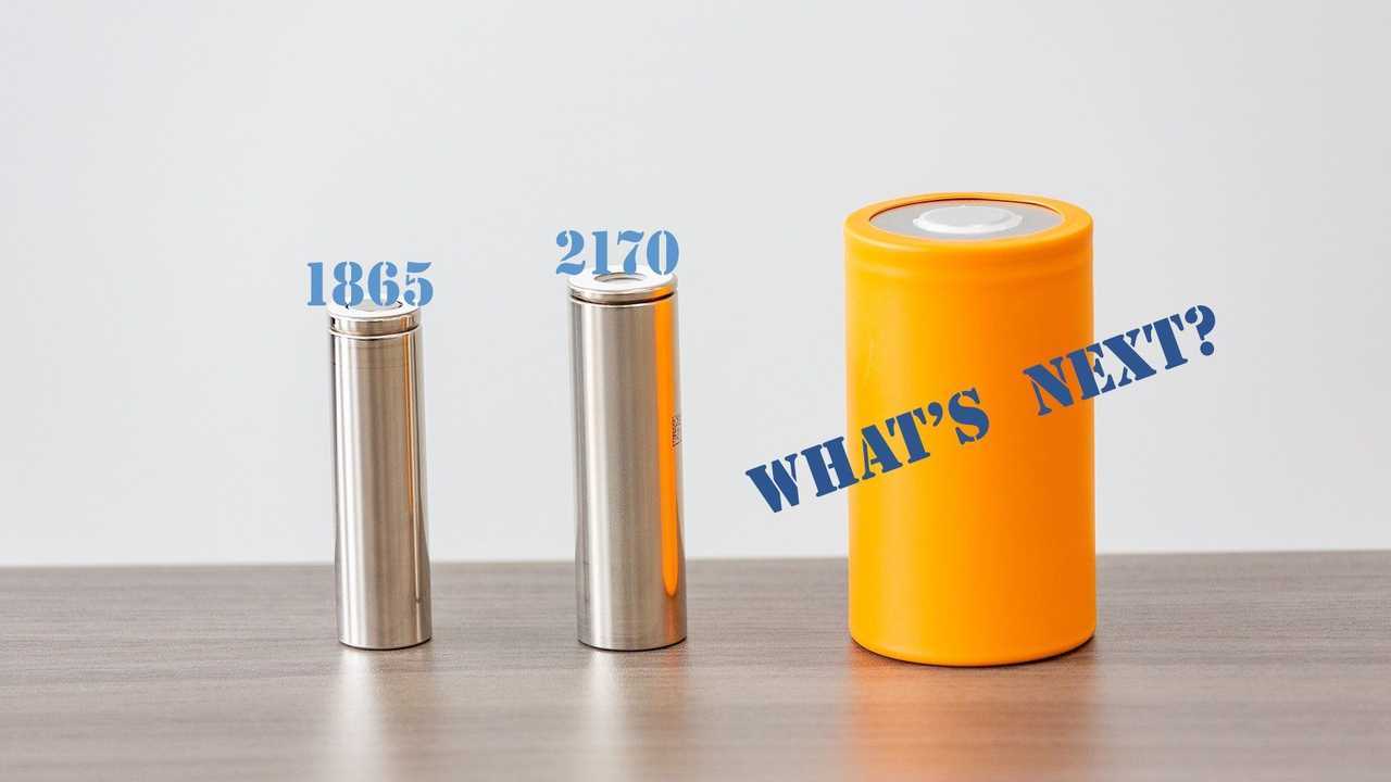 Panasonic Batteries: From left: the 1865, 2170 and a mock-up of the next generation of large cylindrical automotive batteries.