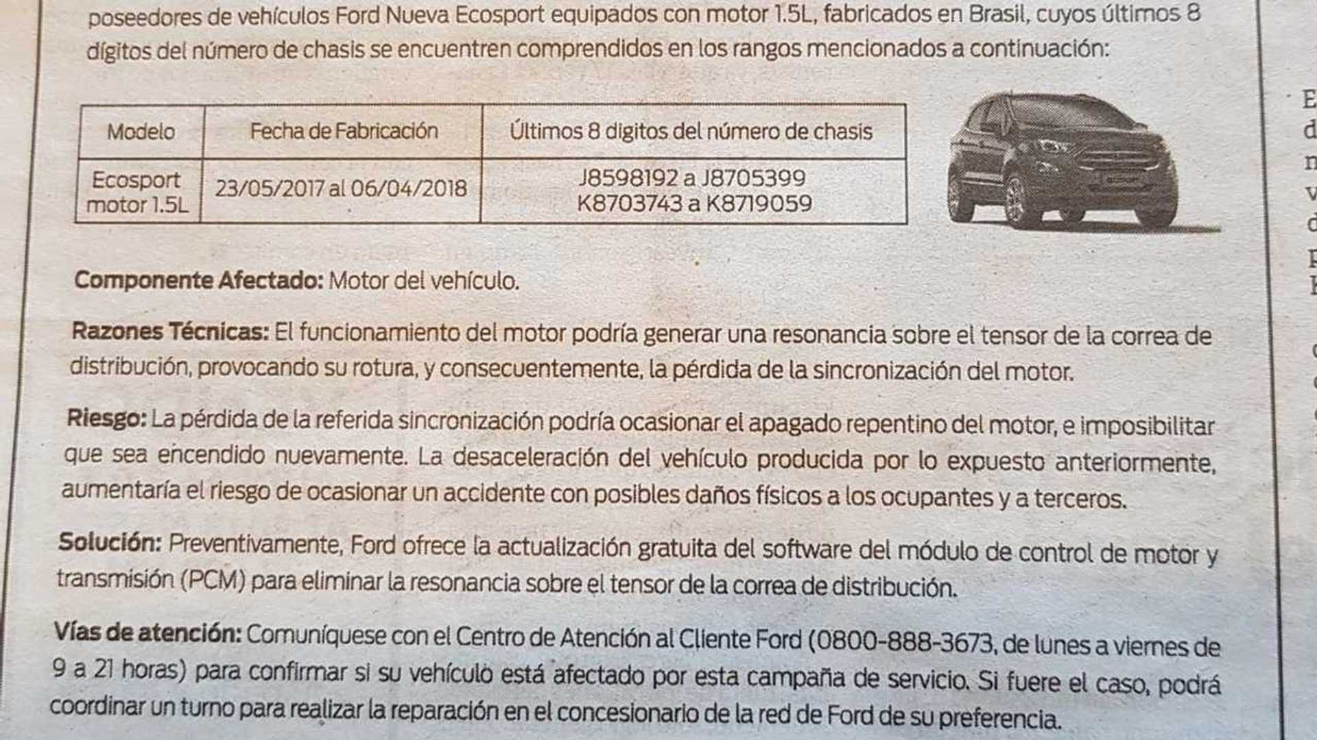 Recall para la Ford EcoSport 1.5
