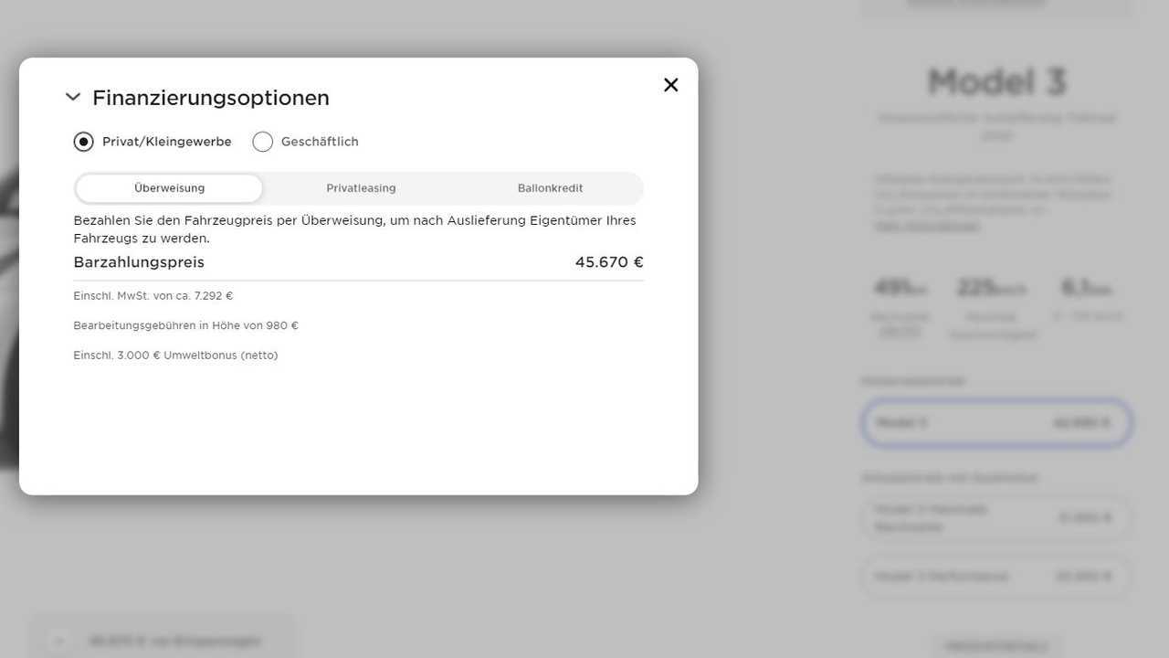 Tesla Model 3 Basismodell: Preis laut Konfigurator am 6. Dezember 2021