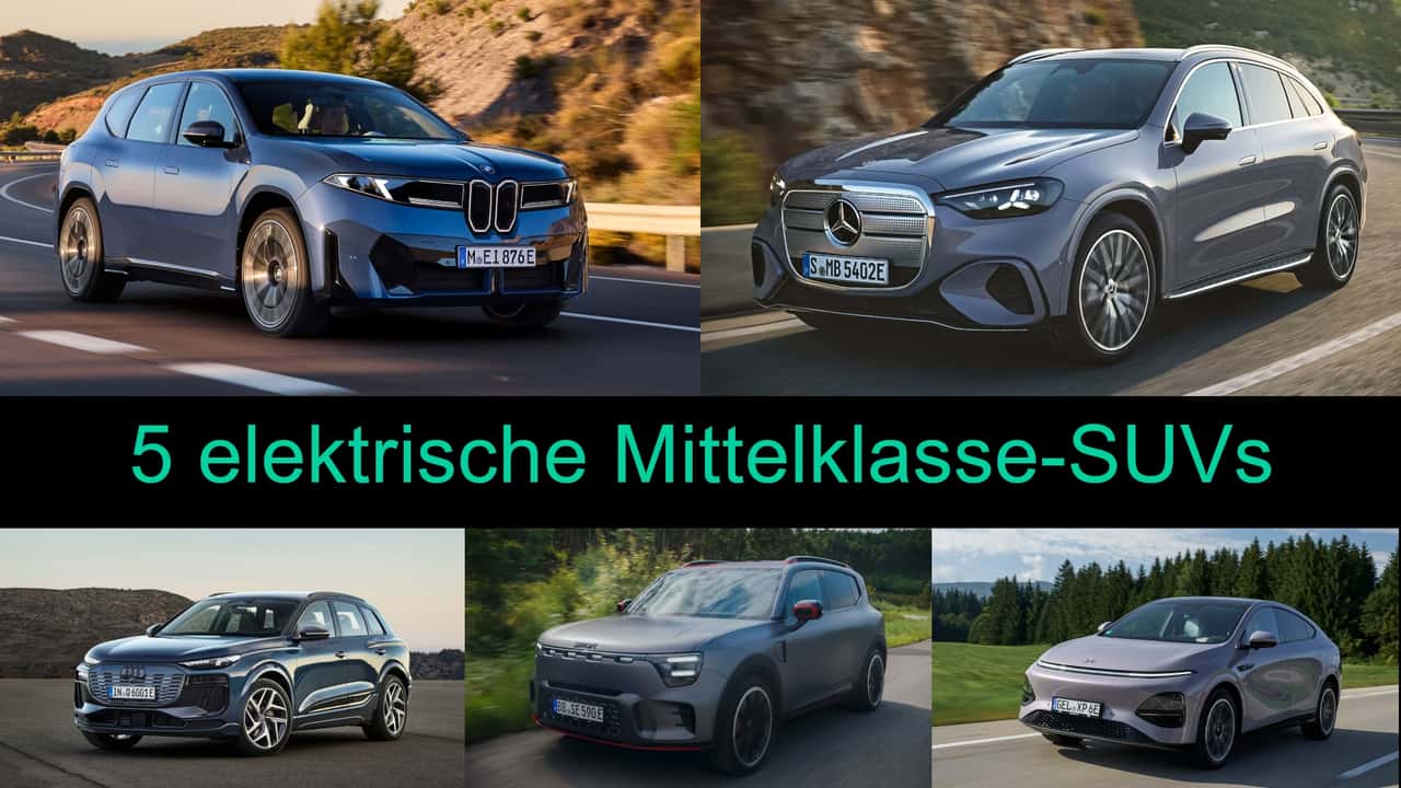 Collage: 5 elektrische Mittelklasse-SUVs im Datenvergleich