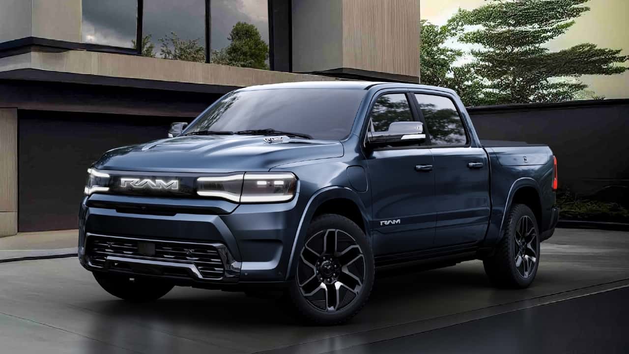 Front view of the Ram 1500 REV electric truck.