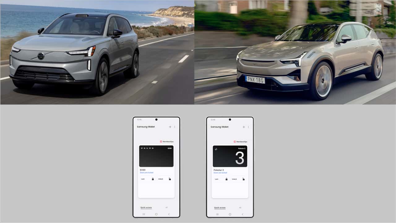 Collage: Volvo EX90, Polestar 3 und Screenshots von Smartphones mit Samsung Digital Key