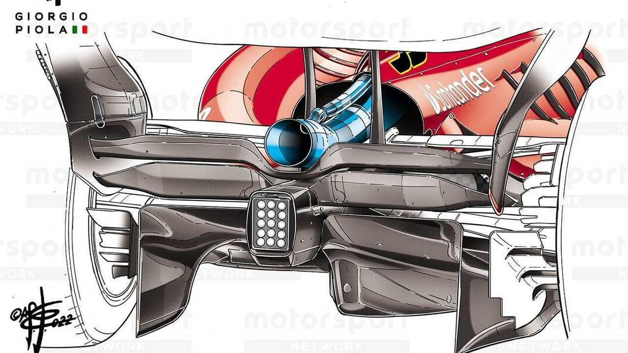 Detalle del extractor central de la Ferrari F1-75 con la quilla añadida.