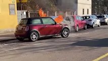 Flaming Mini Cooper Moves By Itself