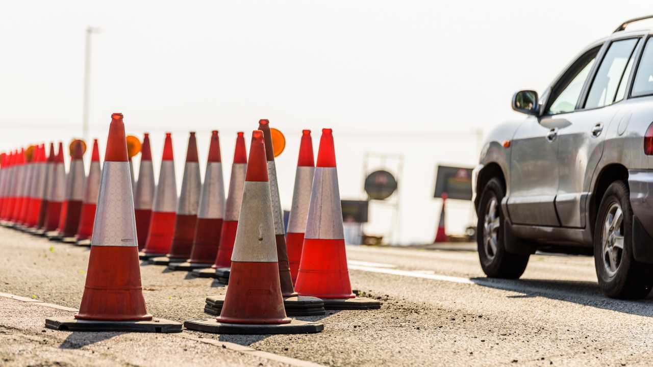 Set of roadworks cones on UK motorway