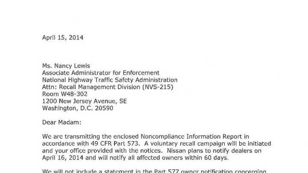 Nissan LEAF Non Comply Letter