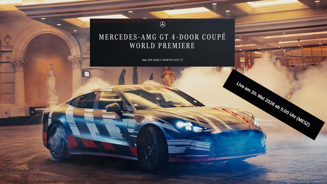 Collage: Teaserbild vom Mercedes-AMG GT 4-Türer mit Ankündigung der Weltpremiere