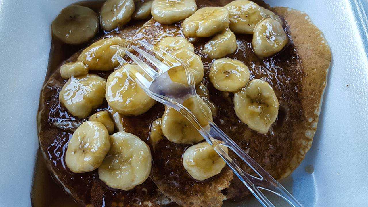 <em>Pancakes, syrup and caramelized bananas, the breakfast of champions.</em>