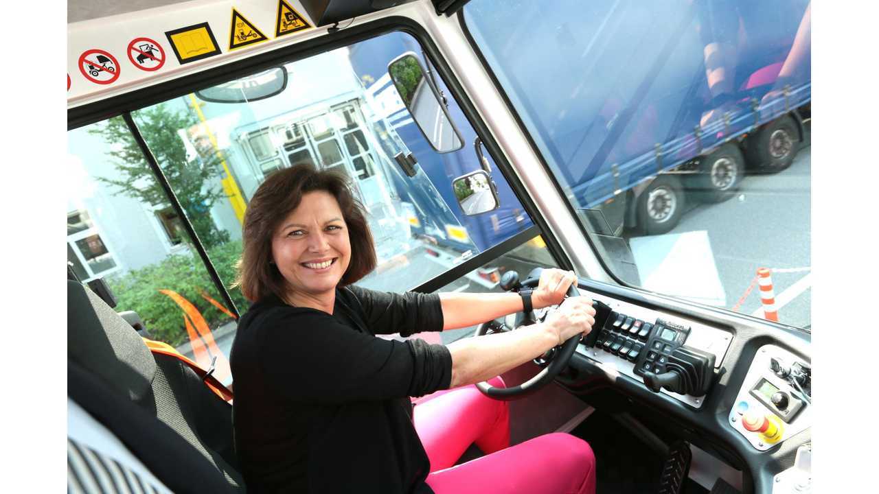 Ilse Aigner, Bavaria’s Minister for Economic Affairs and Media, Energy and Technology, at the wheel of the electric truck