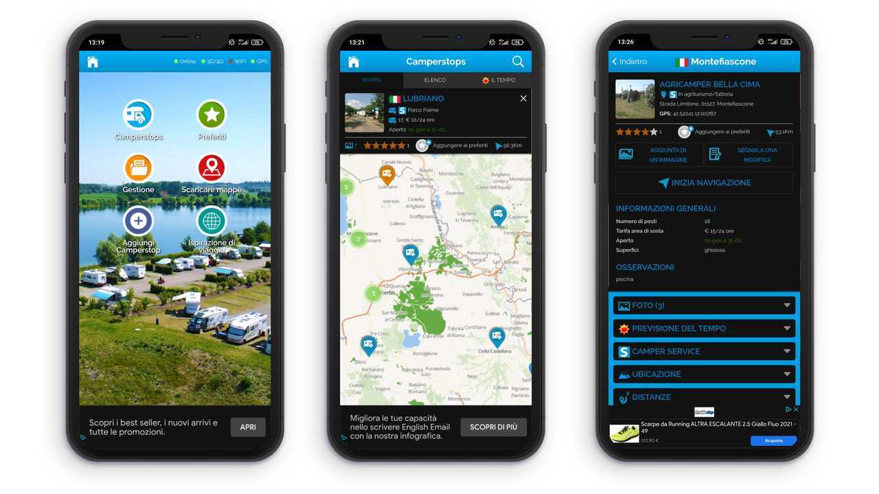 Screenshot trovare campeggi e aree di sosta: Camperstop