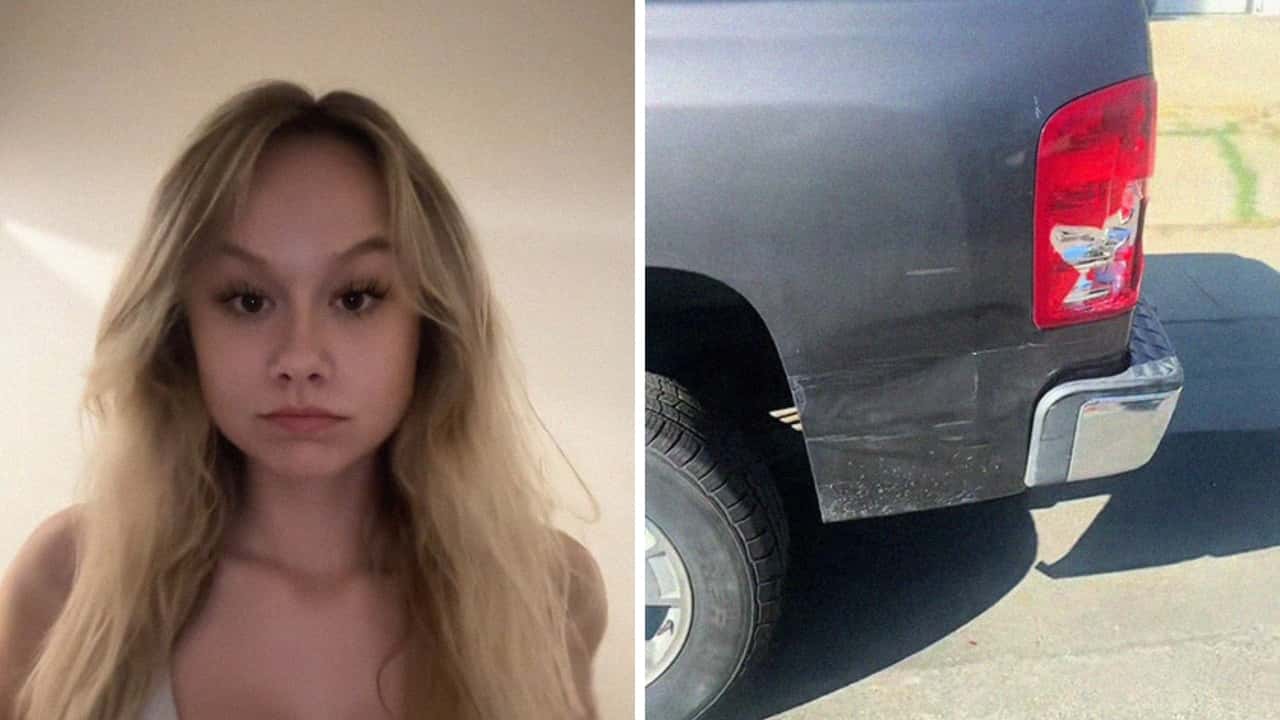 Woman notices huge dent on Ford (?) truck. Then she checks her cameras