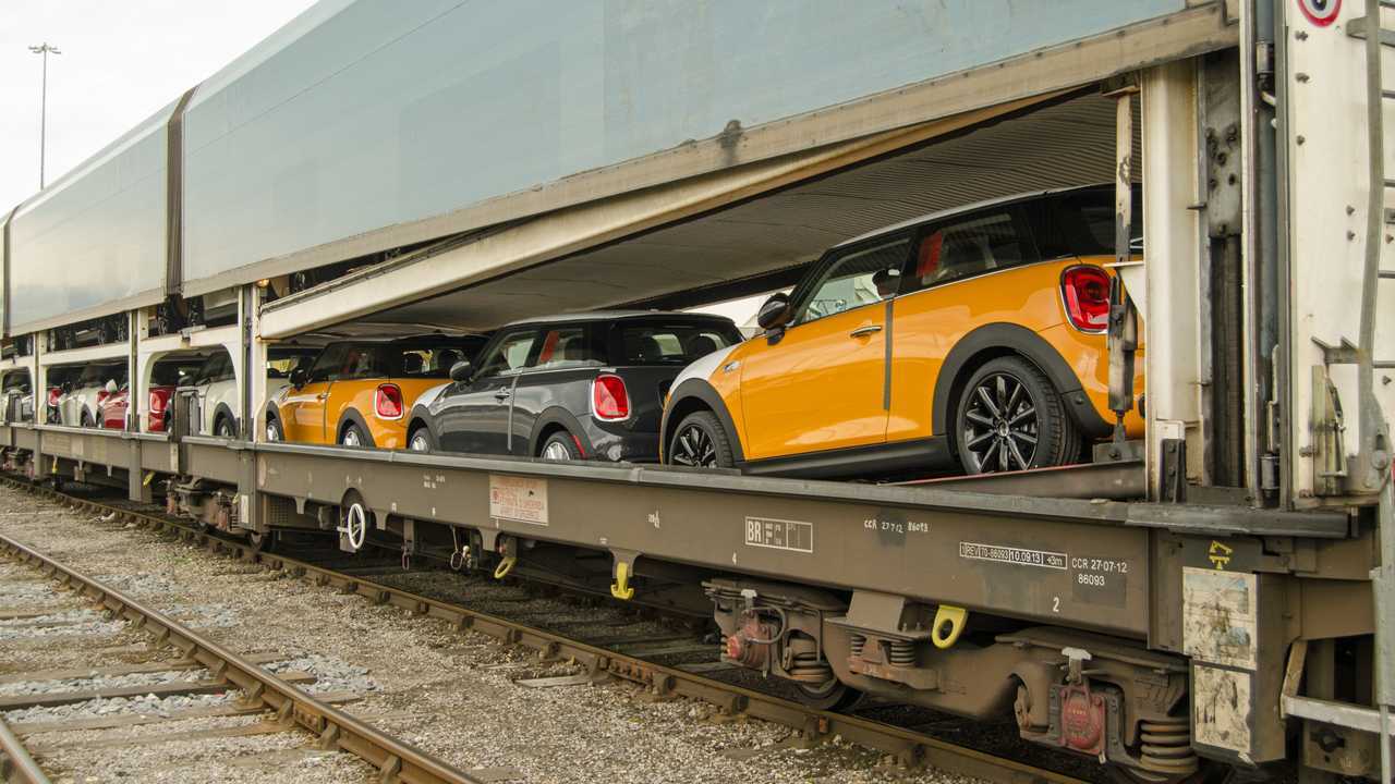Train full of new Mini cars at Southampton ship docks