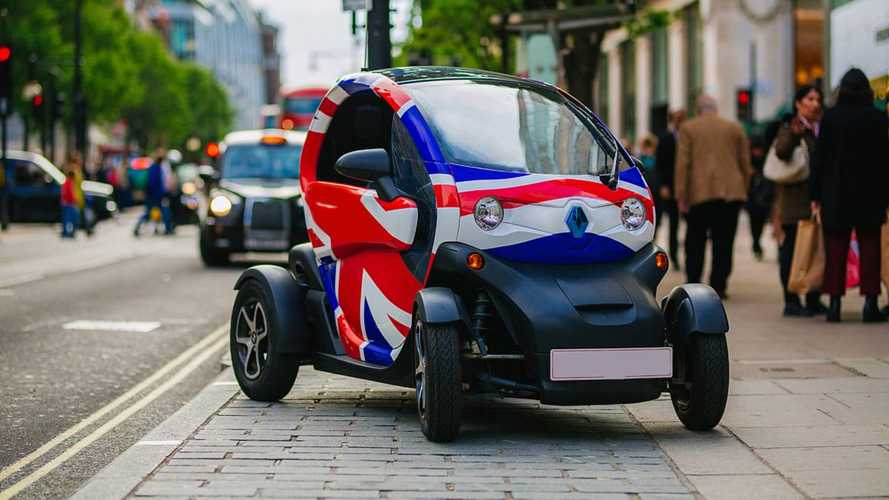 Renault Twizzy EV with Union Jack flag on Oxford Street