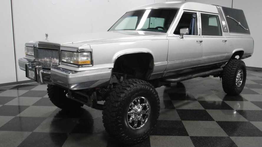 Freaky Cadillac Brougham Hearse Rides High On Chevy Truck Chassis