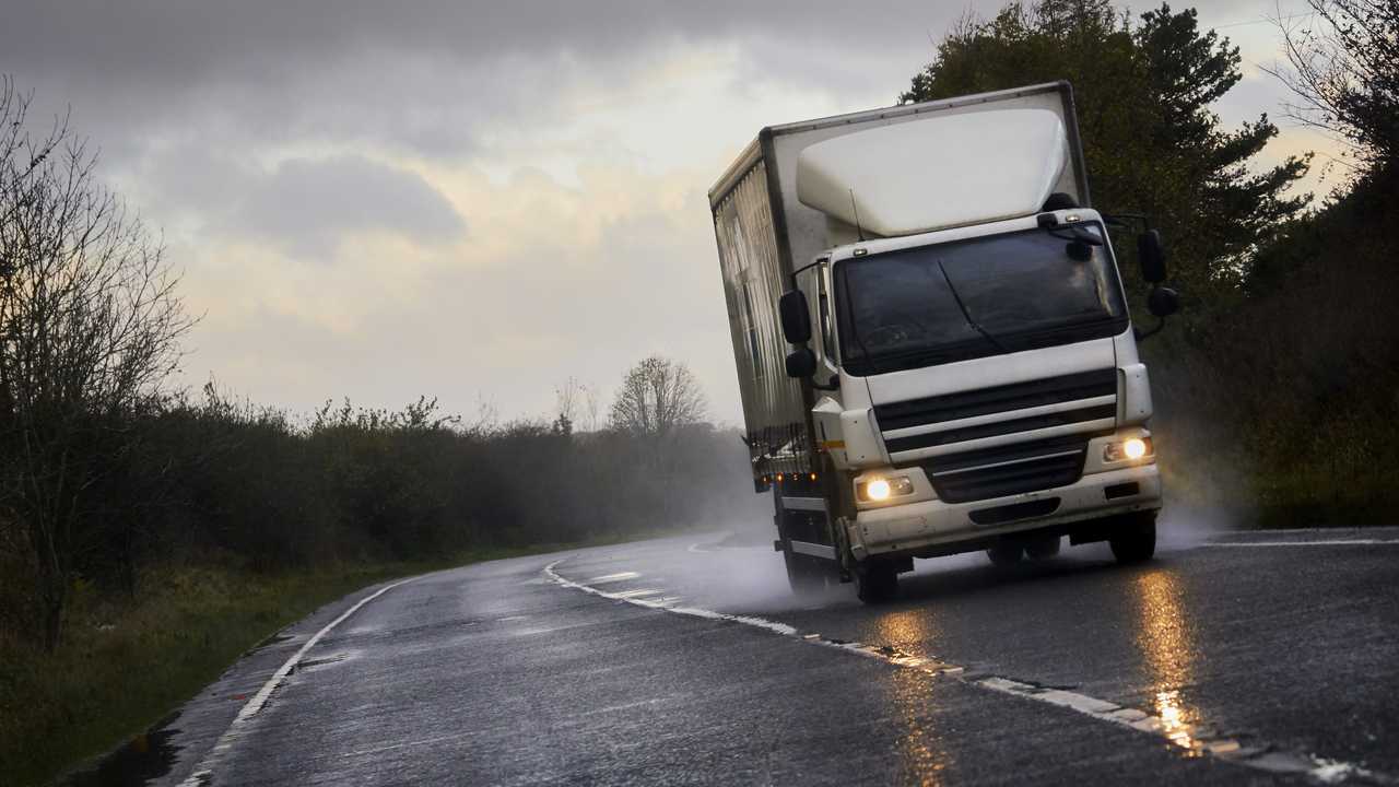 Lorry on a wet A1 motorway in Berwick UK