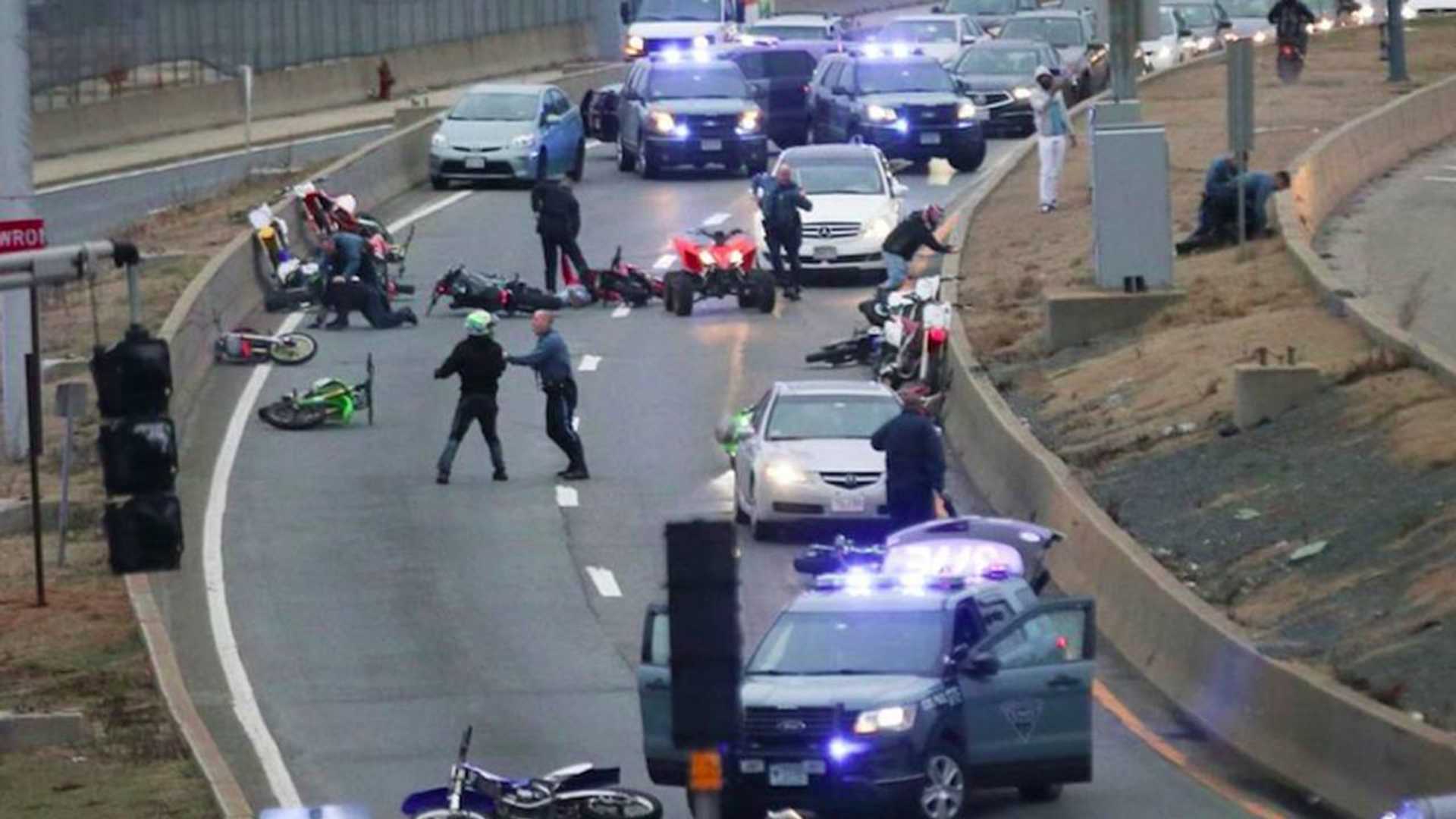 Cops and Dirt Bikers Tussle on Boston Area Freeway