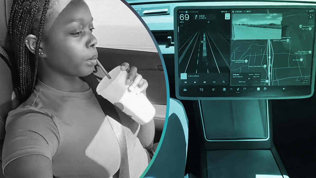 tesla self driving eating