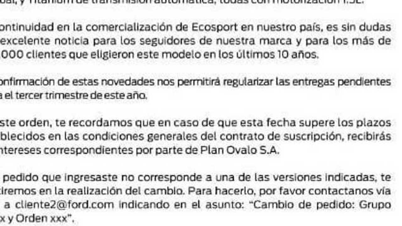 La carta que envió Ford Argentina a quienes recibirán la EcoSport importada de India