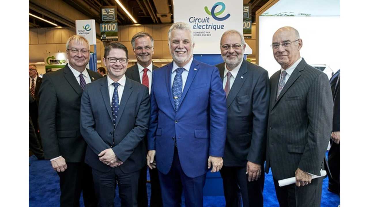 On the photo, from left to right: Luc Blanchette, Minister for Mines; Éric Martel, President and CEO of Hydro-Québec; Guy Ouellette, MNA for Chomedey; Philippe Couillard, Premier of Québec; Pierre Arcand, Minister of Energy and Natural Resources and Minister responsible for the Plan Nord; and Jacques Daoust, Minister of Transport, Sustainable Mobility and Transport Electrification
