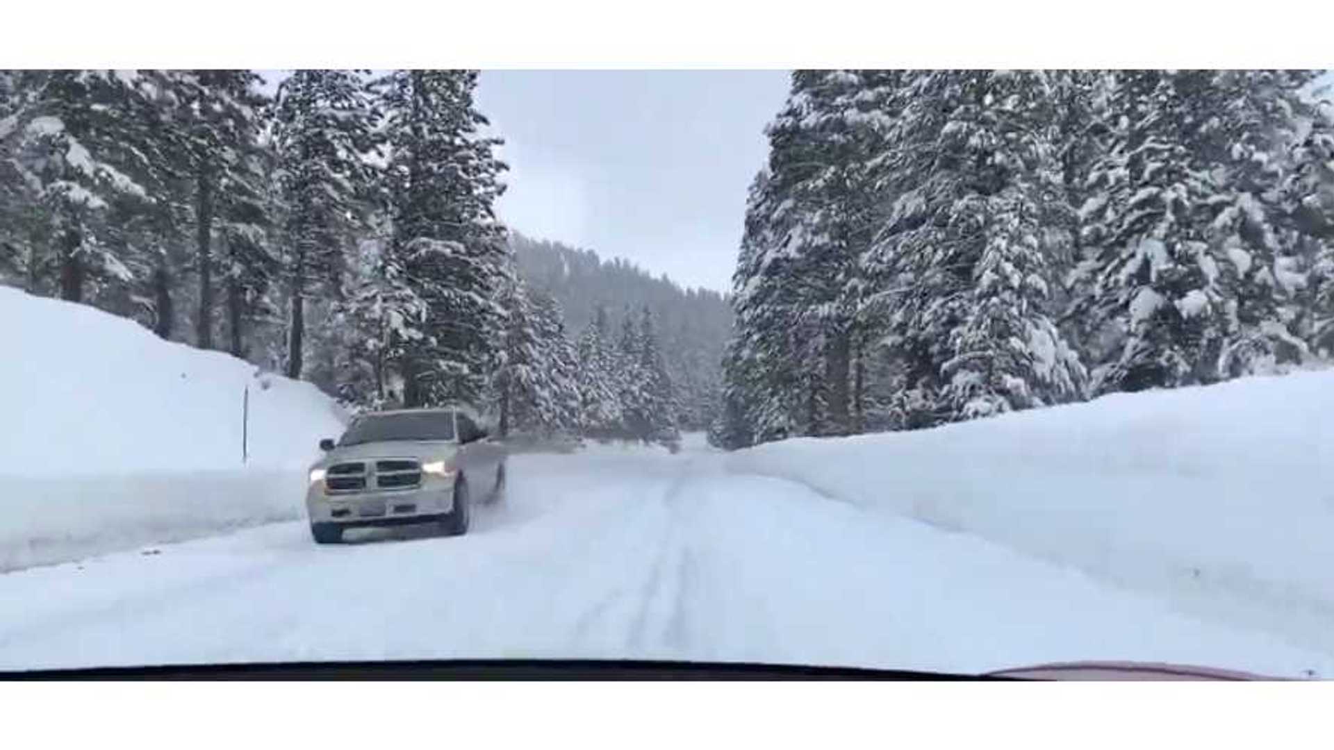 Watch Tesla Model 3 Effortlessly Take On Snowy Tahoe Road Video