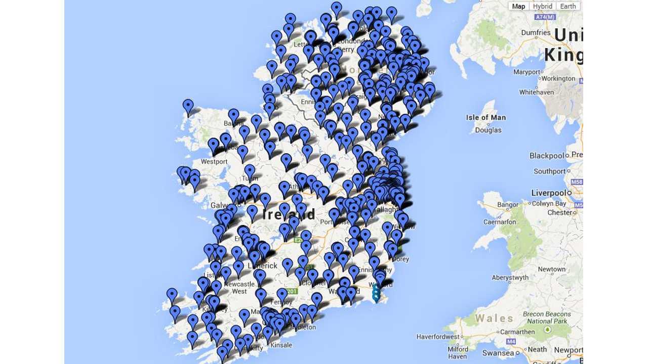 Map of Charging Points In Ireland. Also Of Note: Ireland Ranks Dead Last For EV Sales In Europe
