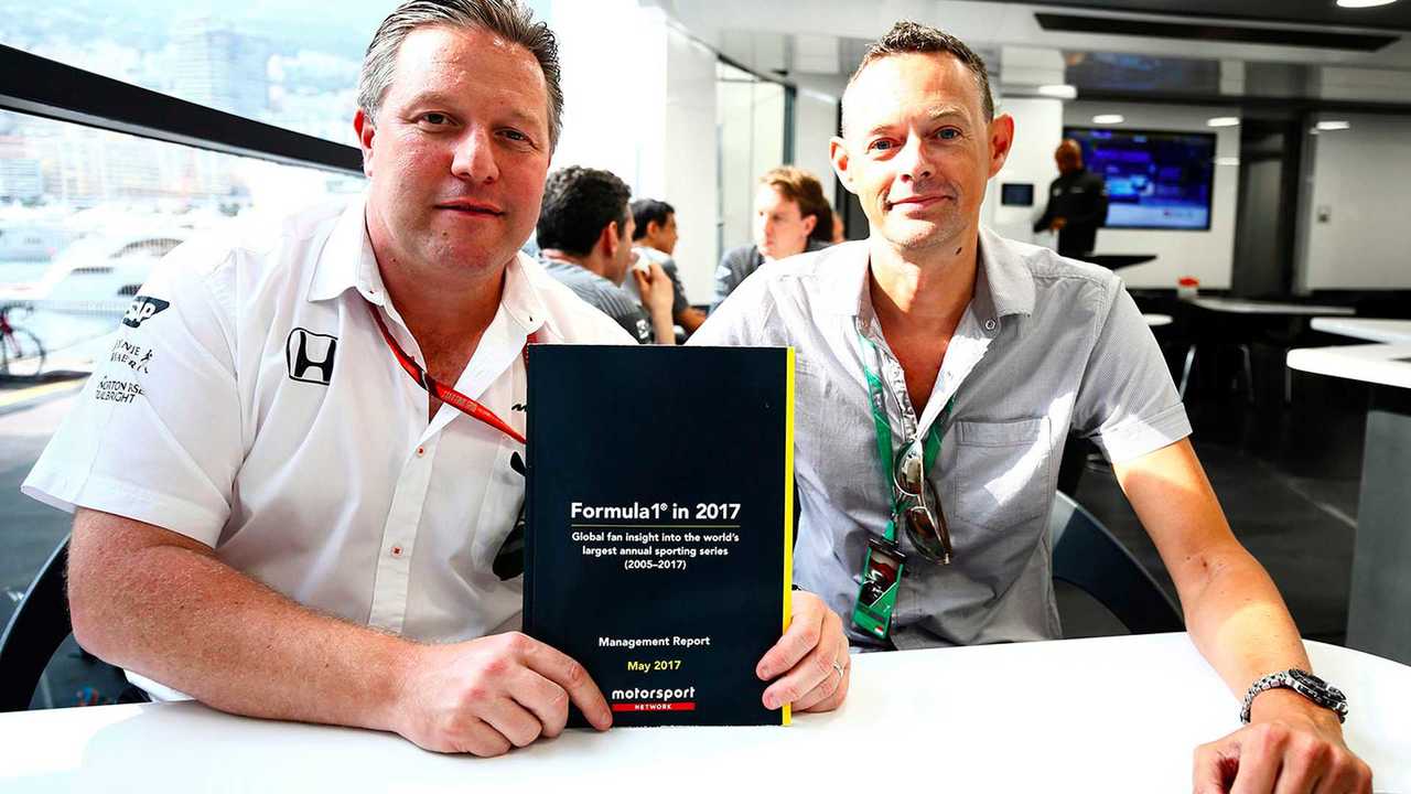 Zak Brown, président de Motorsport Network, et Charles Bradley, rédacteur en chef, avec les résultats du Sondage Mondial des Fans de Formule 1 2017