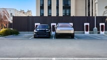 Tesla Supercharging station. From left: Ford Mustang Mach-E and Tesla Cybertruck