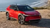 2023 Toyota bZ4X Limited AWD  in Supersonic Red paint front three-quarter view