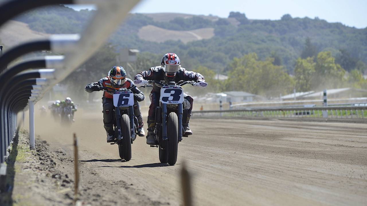 Brad Baker and Joe Kopp, the latter of which who showcased Indian's new FTR750 Scout, battling it out.