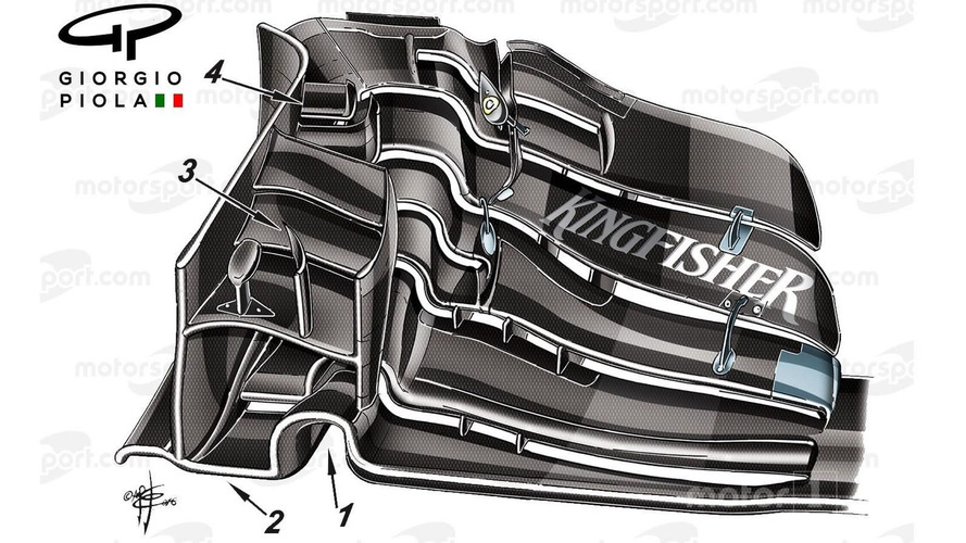 Force India VJM09 front wing, Barcelona, rendered and captioned