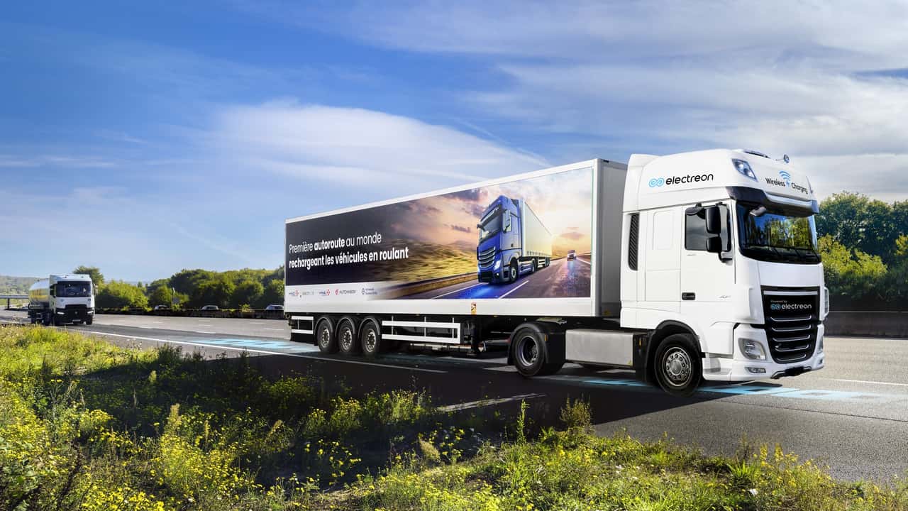 An electric truck charges while driving on France’s A10—the world’s first dynamic wireless-charging motorway