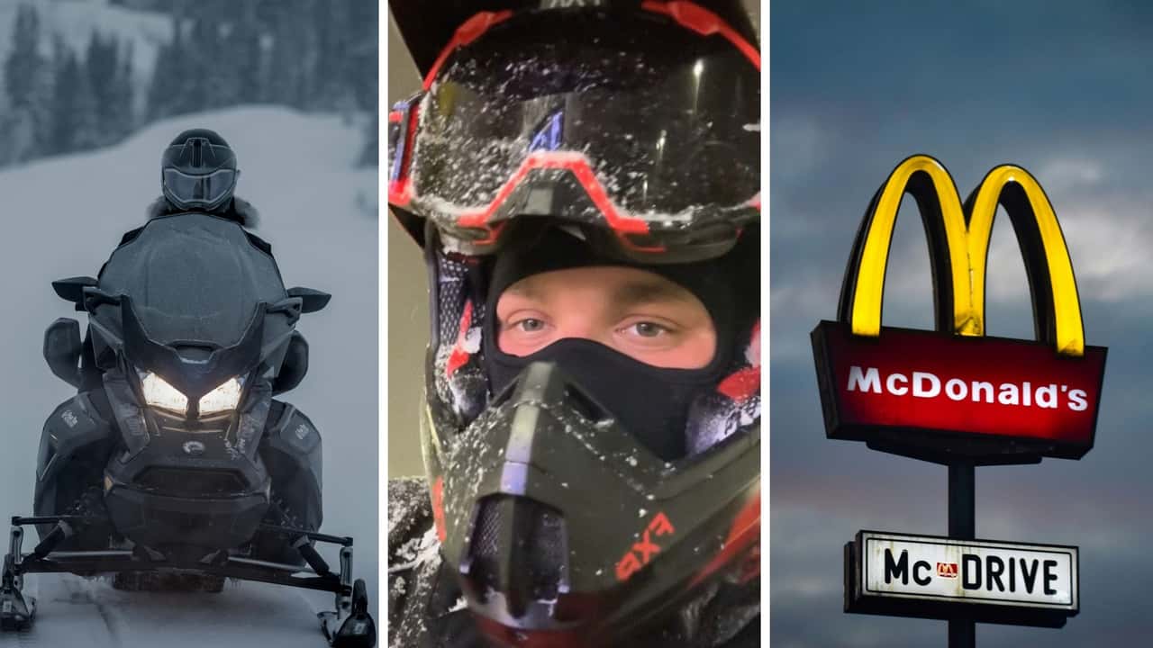 he pulls into the McDonald’s drive thru on his snowmobile