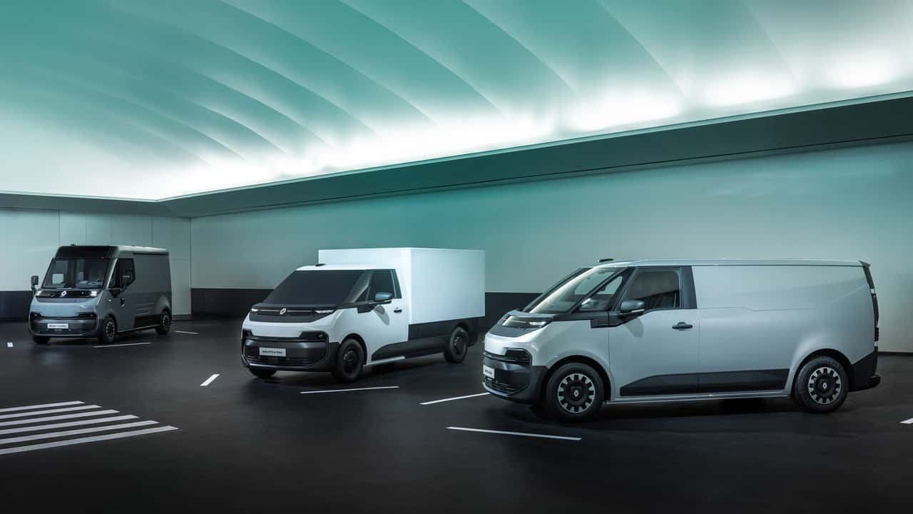 Renaults neue Elektro-Transporter Estafette, Goelette und Trafic (v.l.n.r)