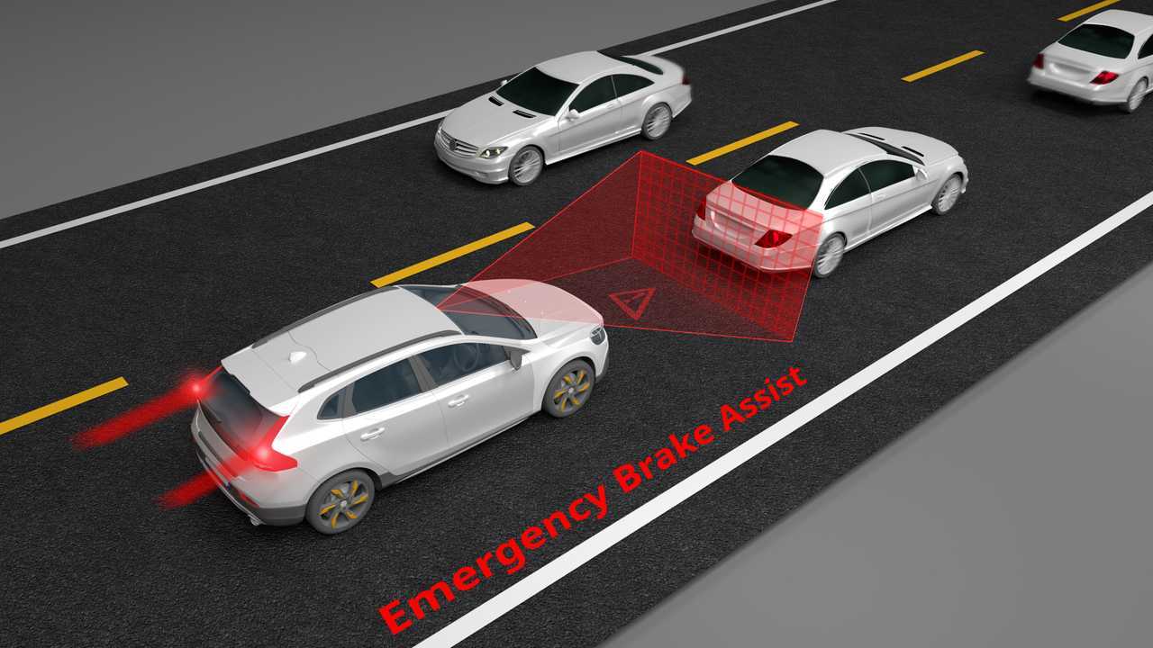 Emergency Braking Assist (EBA) sysyem to avoid car crash illustration