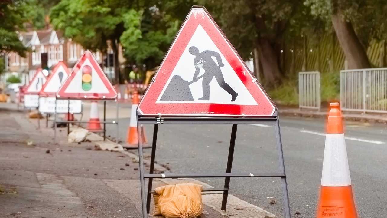 Roadworks signs on a street in London