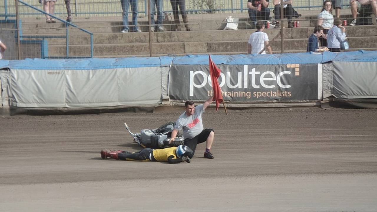 A crash reminds the crowd it's not all fun and games. Fortunately, the rider was OK.
