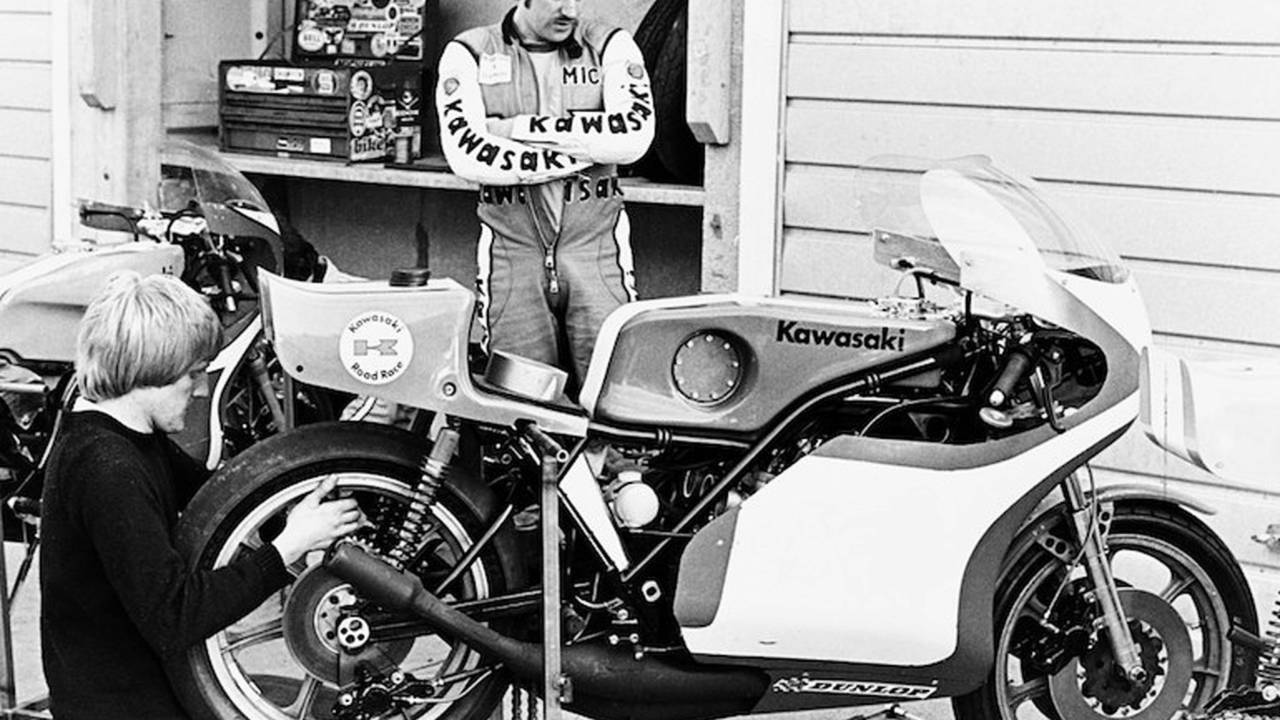 <em>The original 1975 Kawasaki KR750 big-bore two-stroke triple race machine.</em>