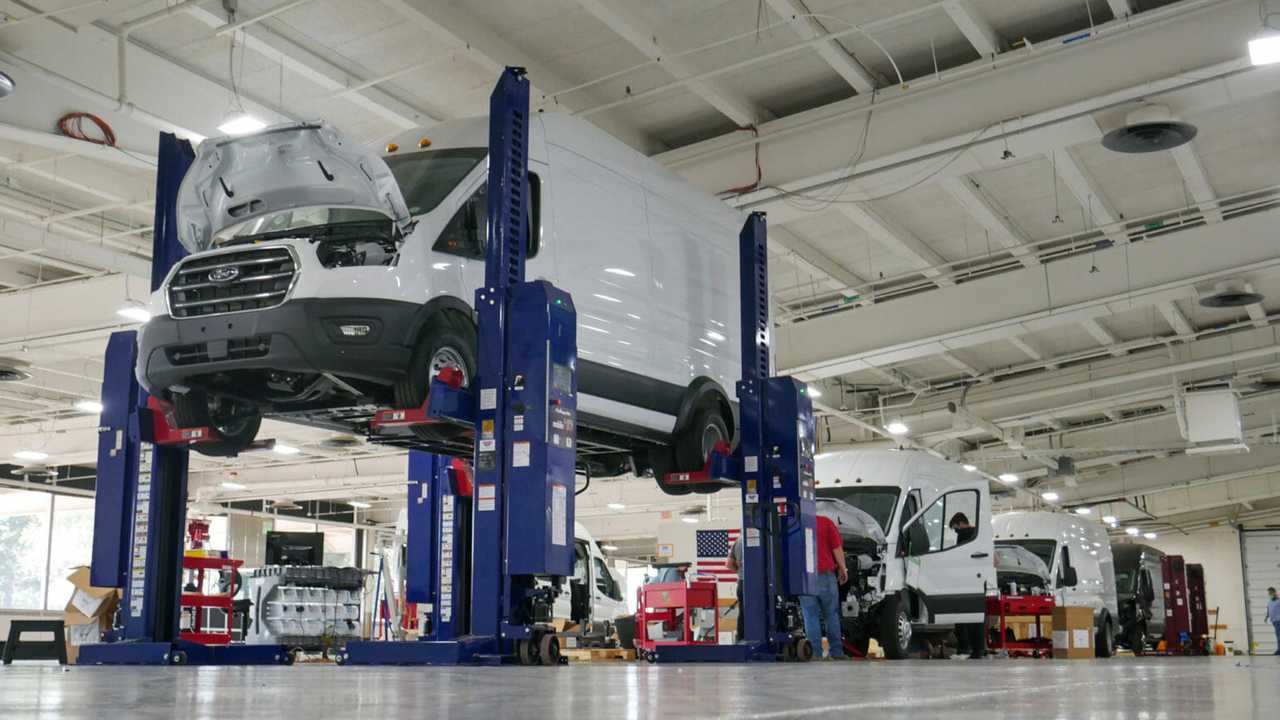Electric Transit vans being assembled at Lightning’s production facility in Loveland, Colorado.