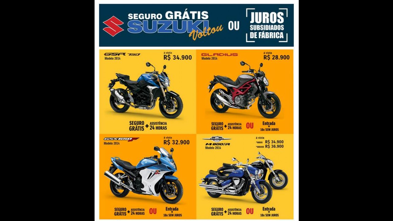 Suzuki oferece seguro grátis ou juro zero para cinco modelos