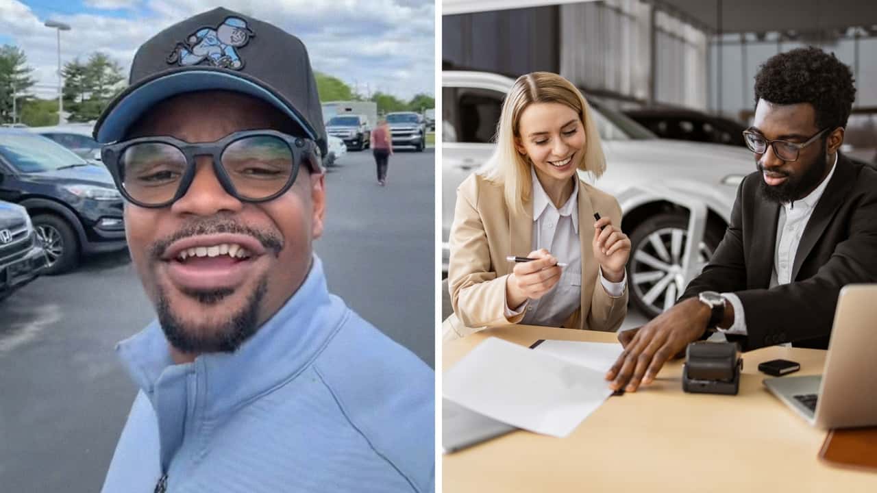 Woman buys new car. Then she asks the salesman if she can finance her down payment