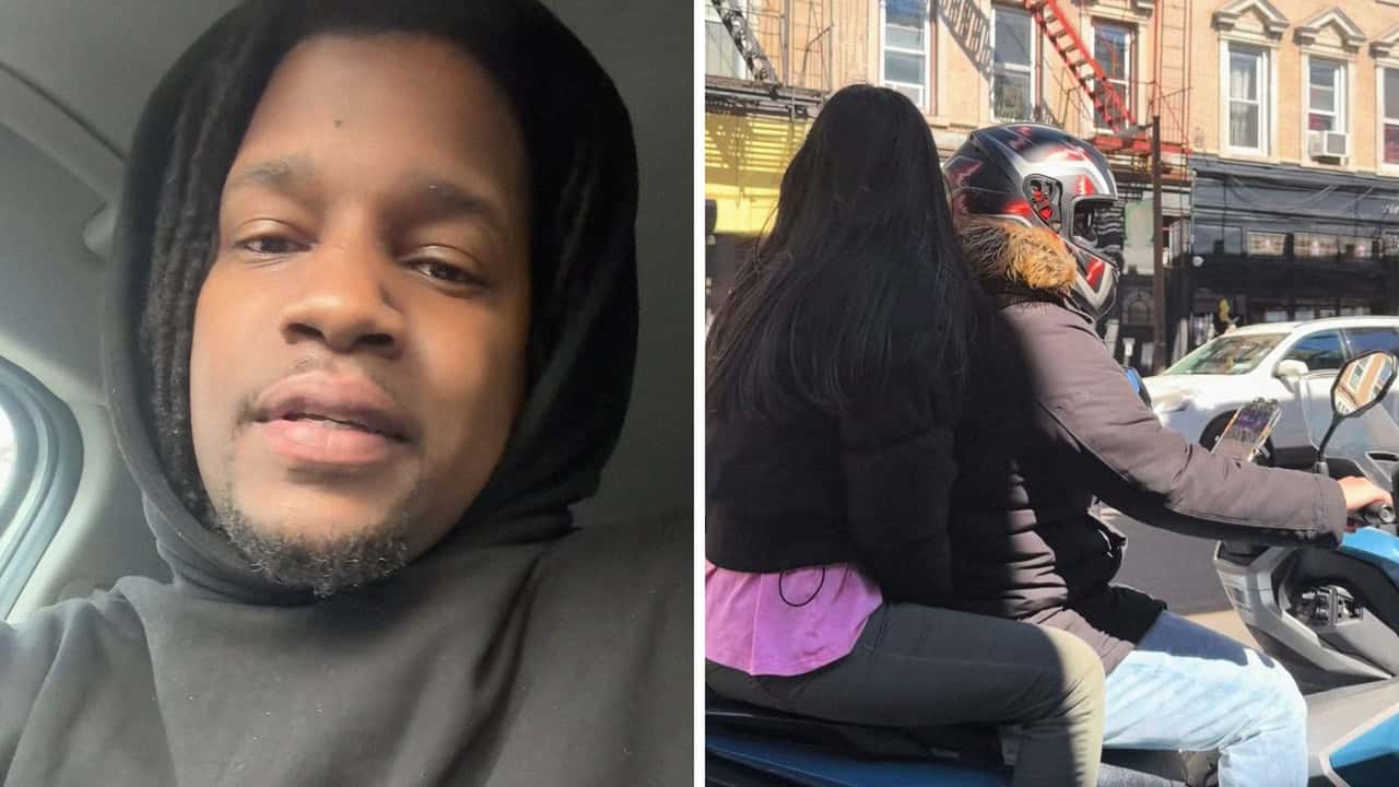 Kia driver sees man on motorcycle wearing a helmet while woman on the back goes without. So he rolls his window down