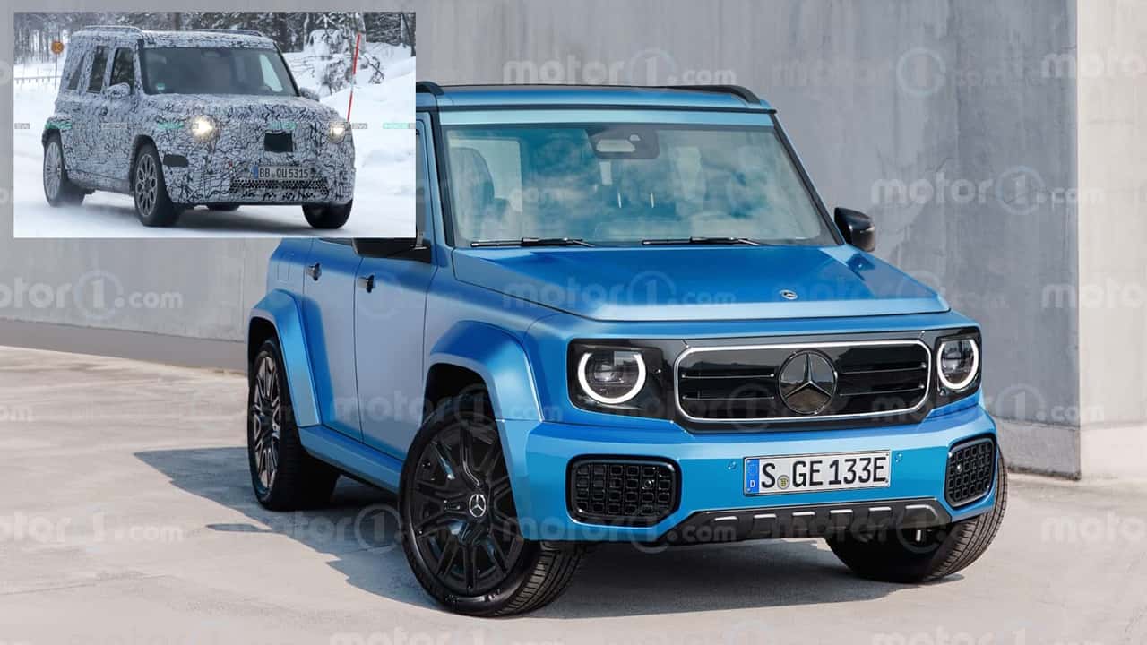 Collage: Kleine Mercedes G-Klasse als Rendering von Motor1 und als Erlkönig