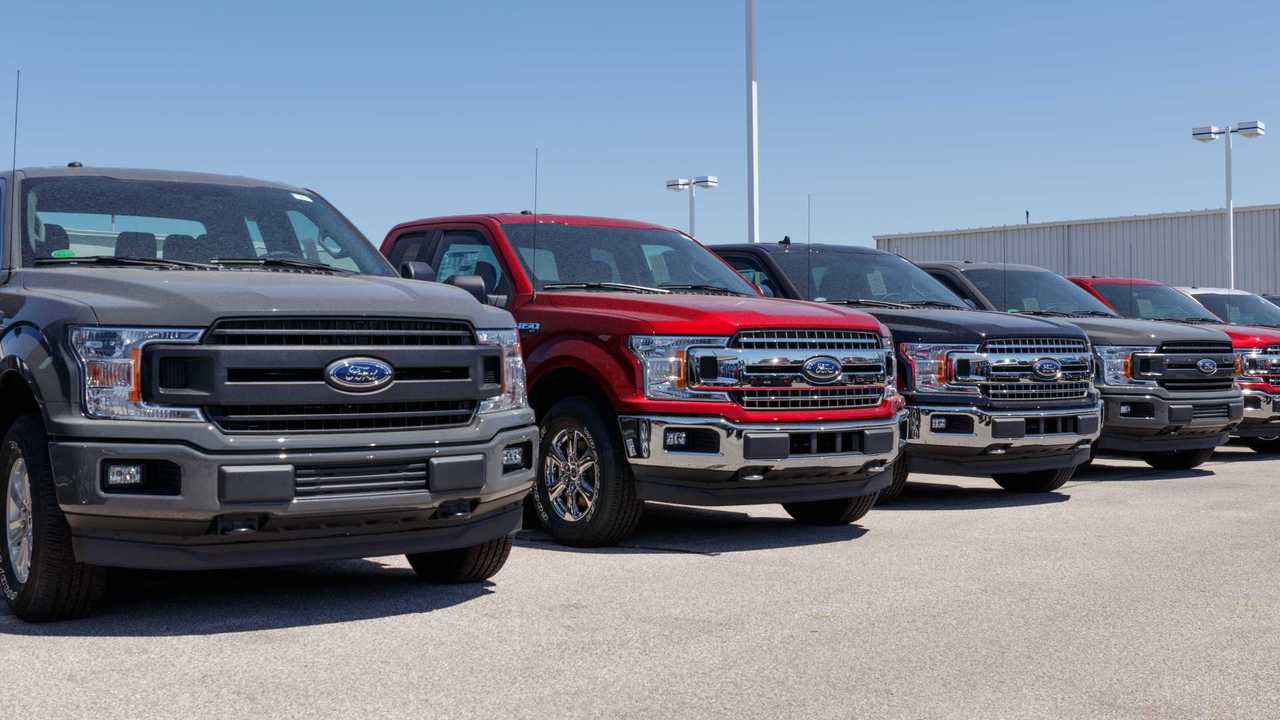 Ford trucks on dealership lot